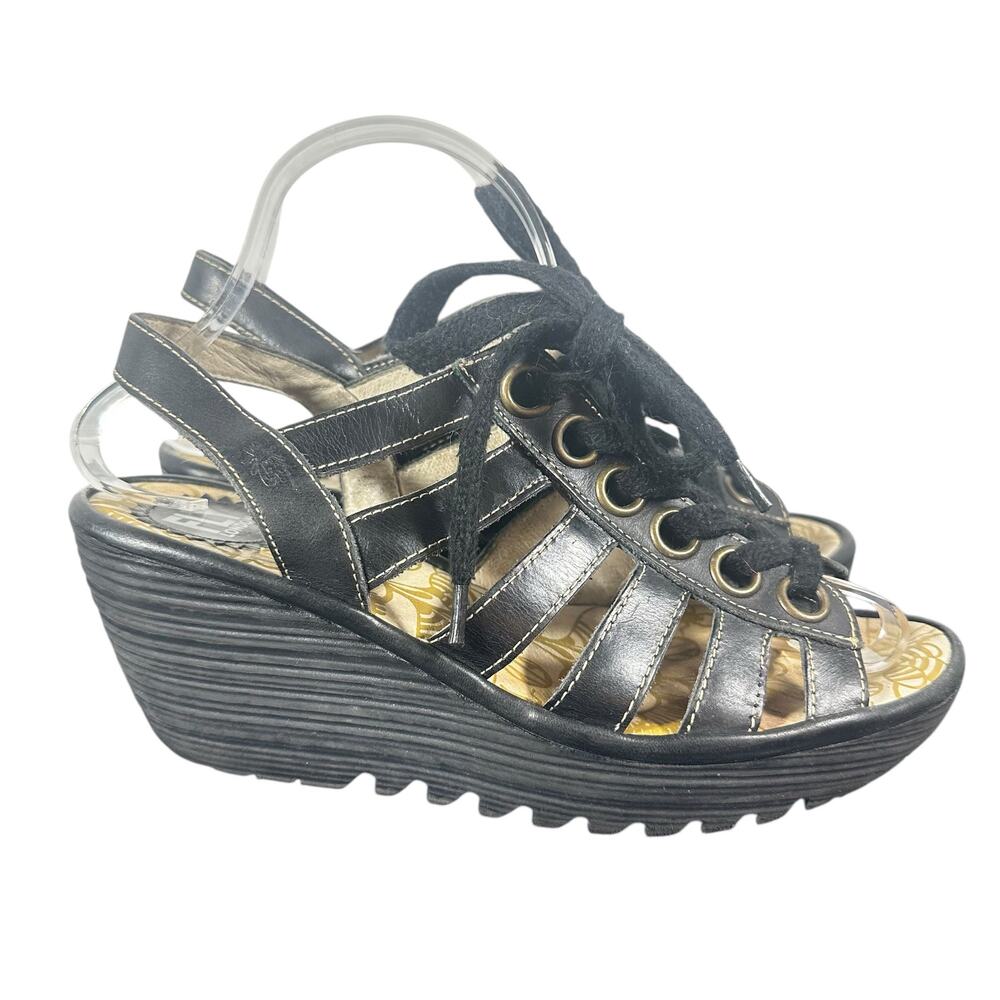 FLY London Wedge Sandals Sz 38 US 7 1/2-8 Lace-Up Gladiator Black Leather Yito